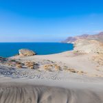 awesome scenic of Monsul Beach from top of the dune, in Gata Cape Natural Park (Cabo de Gata in Spanish), wild and famous destination in Almeria (Nijar, Andalusia, Spain, Europe)